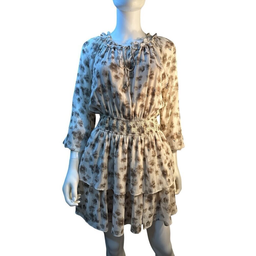 Kori Shanley Ruffle Tiered Cream and Brown Floral Print Dress Size Small NWT